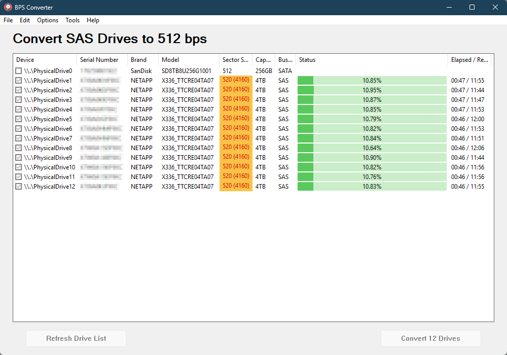 Screenshot of BPS Converter reformatting 12 SAS drives from 520 to 512 bytes per sector on Windows.